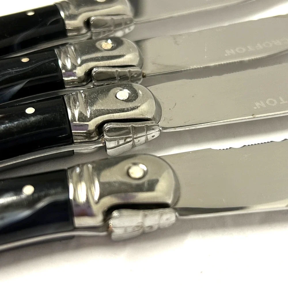 Vintage Crofton Black Marbled Bumble Bee Serrated Steel Steak Knives 9